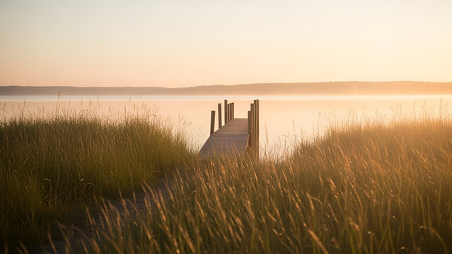 A wooden pier stretches into a calm, misty lake at sunrise, framed by tall golden grasses in soft warm light.
