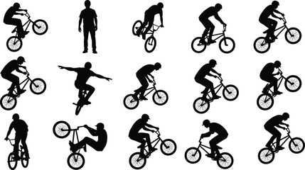 Fototapeta premium Black Silhouettes of BMX Riders Performing Tricks – Vector Set for Extreme Sports, Stunt Graphics, and Athletic Motion Design Projects