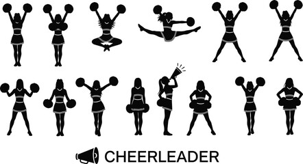 Black Silhouettes of Cheerleaders with Pom-Poms – Vector Set Featuring Dance Poses, Spirit Icons, and Athletic Performance for Sports Design