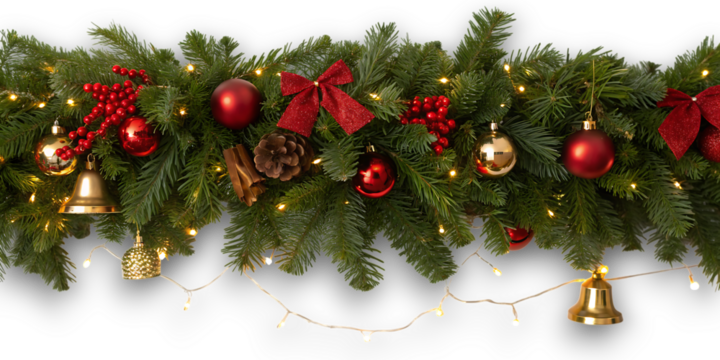 Festive christmas garland adorned with red baubles golden bells and twinkling lights on a dark background creating a warm holiday atmosphere
