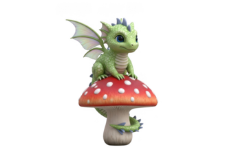 Cute green dragon sitting on a red mushroom isolated on transparent background for kids, fantasy, and storybook illustration