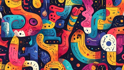 Colorful abstract pattern with blob-like shapes and swirls on a dark background. Seamless and vibrant design