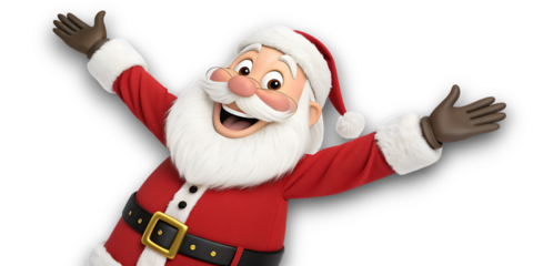 Joyful santa claus with arms outstretched in a festive red suit spreading holiday cheer and excitement against a dark background