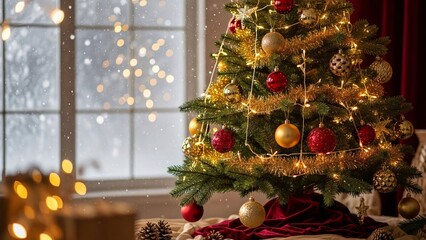 Decorated Christmas tree with ornaments and lights, near a window with a snowy view, creating a festive holiday scene.