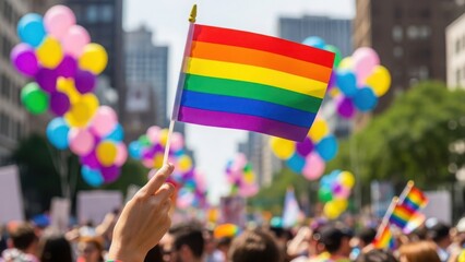 A person holds a rainbow flag at a pride event with colorful balloons in the background