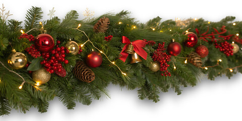 Festive christmas garland adorned with red ornaments gold baubles pine cones bells and twinkling lights creating a warm holiday atmosphere