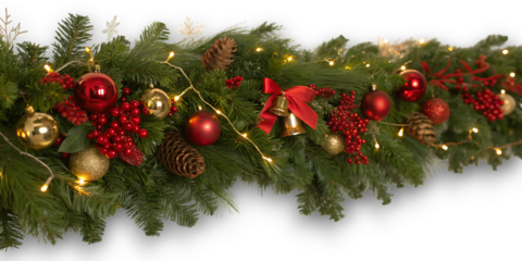 Festive christmas garland adorned with red ornaments gold baubles pine cones bells and twinkling lights creating a warm holiday atmosphere