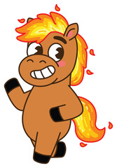 A charming, stylized cartoon horse with a vibrant, fiery mane and tail, shown in a friendly pose, waving its hoof. Chinese New Year, Year of the  Fire Horse Retro Mascot Clip Art.