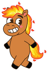 A whimsical cartoon horse with a vibrant, fiery mane and tail, depicted in a playful, walking pose. Chinese New Year, Year of the  Fire Horse Retro Mascot Clip Art.