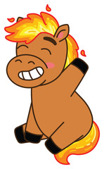 A charming illustration of a happy cartoon horse with a vibrant, fiery mane and tail, sitting and waving. Chinese New Year, Year of the  Fire Horse Retro Mascot Clip Art.