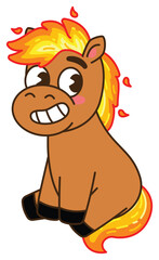 A charming cartoon illustration of a brown horse with a vibrant, fiery mane and tail, sitting playfully. Chinese New Year, Year of the  Fire Horse Retro Mascot Clip Art.