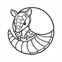 An Armadillo curled into a ball black line art, white background