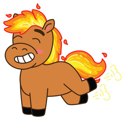 A humorous cartoon illustration of a brown horse with a bright orange, fiery mane and tail, depicted with a wide grin and emitting smoke from its rear. Chinese New Year, Year of the  Fire Horse Retro 