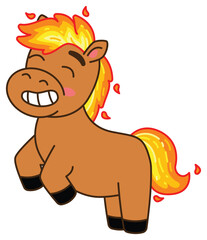 A charming illustration of a happy, cartoon horse with a vibrant, fiery mane and tail, depicted in a playful pose. Chinese New Year, Year of the  Fire Horse Retro Mascot Clip Art.