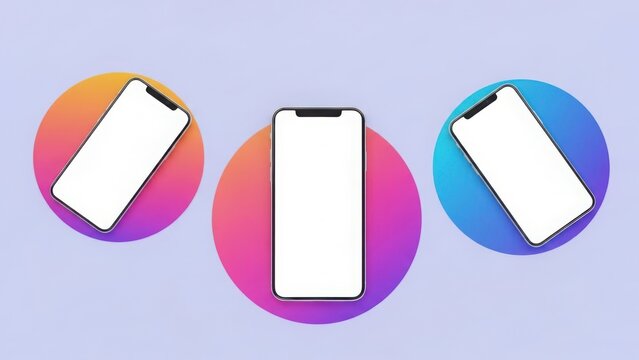 Three modern smartphones with blank screens, arranged around colorful gradient circles on a pastel background.