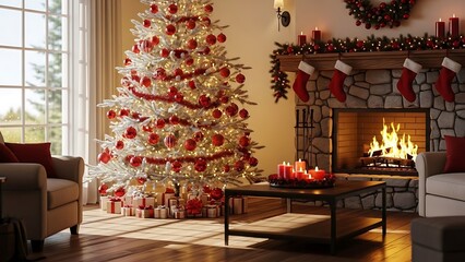 Cozy Christmas Ambiance Lit Tree and Fireplace Scene