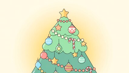 A festive, illustrated Christmas tree decorated with ornaments and a star.