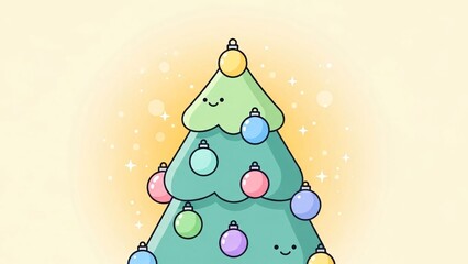 A cheerful cartoon Christmas tree decorated with colorful ornaments and a smiling face.