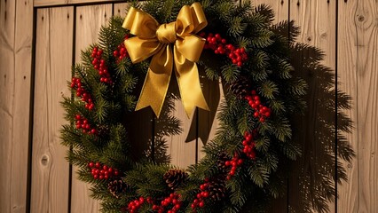 Festive Christmas Wreath with Golden Bow and Berries Hanging on a Rustic Wooden Door