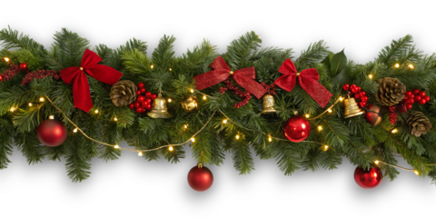 Festive christmas garland adorned with red bows golden bells ornaments pinecones and twinkling fairy lights against a dark background