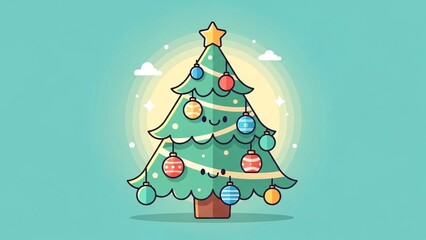 A cheerful cartoon Christmas tree decorated with ornaments and a golden star.