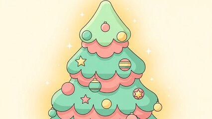 Cartoon illustration of a decorated Christmas tree with ornaments, stars, and pink frosting layers on a cream background.