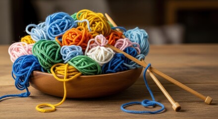 Colorful Yarn Balls in Bowl with Knitting Needles on Table.