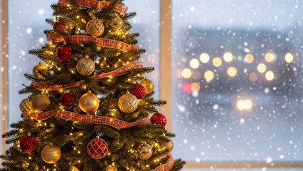 Decorated Christmas tree with ornaments and lights, with snow falling outside the window.