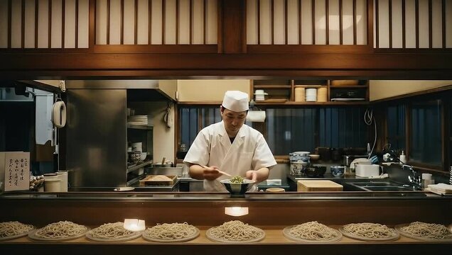 Traditional Japanese chef plating soba noodles behind wooden counter.