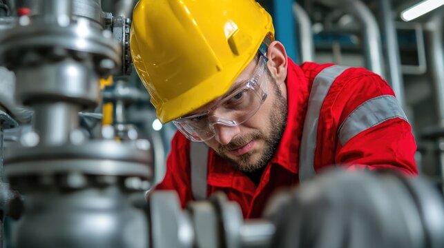 Hardworking industrial maintenance technician in safety gear repairing and inspecting equipment and in an active factory or workshop setting