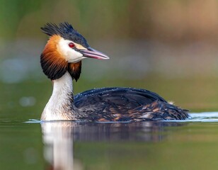 Colorful, crested grebe swims serenely in water with a blurred, green background on a sunny day