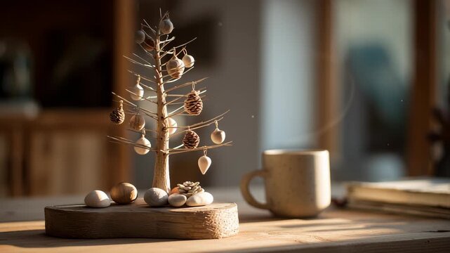 A small Christmas tree made of rocks is placed on a wooden table. Tiny desktop christmas tree, tiny rustic desktop tree with natural ornaments, warm afternoon light, cozy handcrafted atmosphere