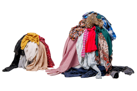 Two piles of second-hand clothes. Sorting used clothes.