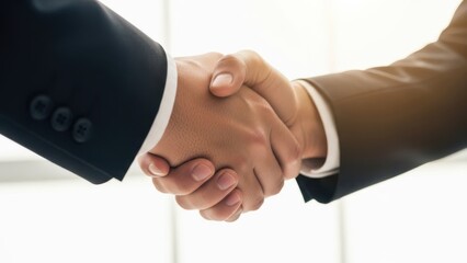 Two businessmen in suits sealing a deal with a firm handshake
