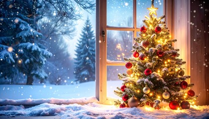 Christmas tree decorated with ornaments and lights, seen through a window with a snowy winter landscape outside.