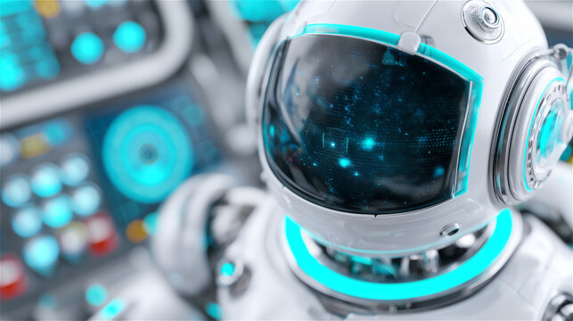 High-tech robot with illuminated digital interface, representing advanced AI, innovation, automation, robotics engineering and futuristic technology in a bright modern environment.