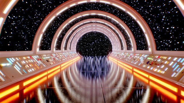Futuristic illuminated tunnel with glowing neon lights and reflective floor, creating a high-tech sci-fi atmosphere symbolizing innovation, motion, and modern digital infrastructure.