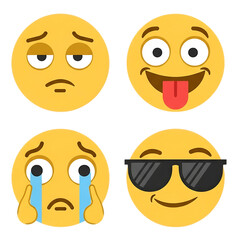 Four different yellow emoji faces showing various emotions isolated on transparent background