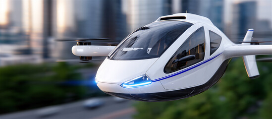 Obraz premium Electric autonomous air taxi flying above cityscape, symbolizing future transportation, urban mobility, innovation and sustainable next-generation aviation technology.