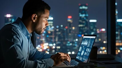 Focused young businessman analyzing data on laptop in modern office at night with city skyline background - Powered by Adobe
