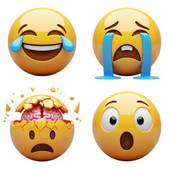 Four 3d emoji faces showing crying laughing shocked and mind blown isolated on transparent background