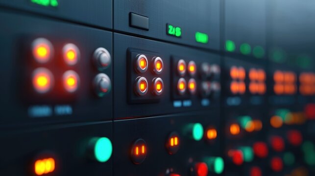 Closeup of a sophisticated industrial automation control panel with various glowing indicators digital displays and lighting elements