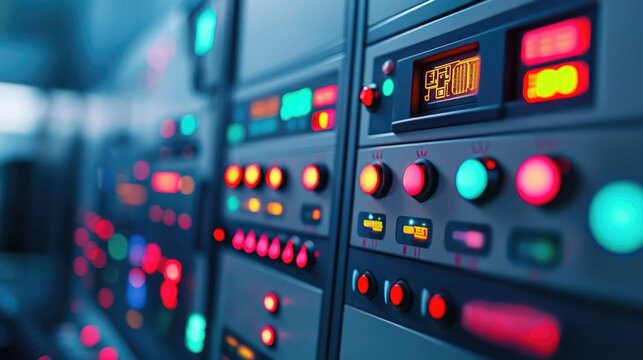 Closeup view of a complex industrial automation control panel with a variety of glowing indicators buttons switches and other electronic components