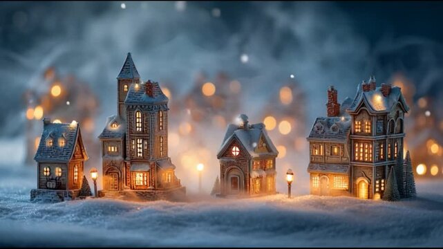 Miniature houses in winter scene with snow and warm lighting