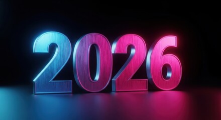 Futuristic 3d rendering of the year 2026 in neon lights