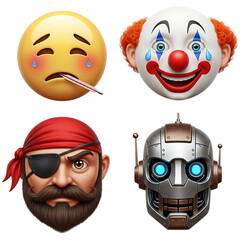Four diverse 3d emoji and avatar heads isolated on transparent background