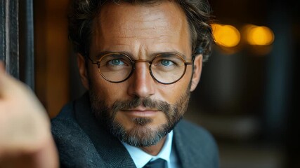 Man with glasses extends hand in invitation at a cozy urban location in the evening