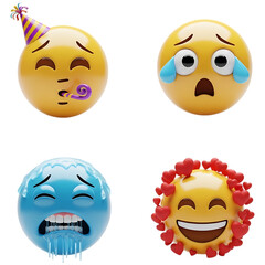 Four 3d emoji faces showing party, crying, cold, and love emotion isolated on transparent background