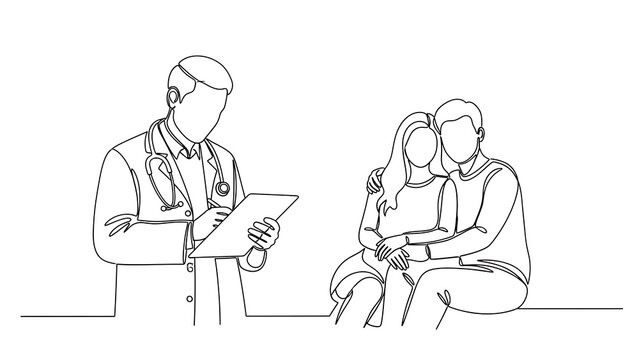 One line art line art drawing of a doctor consulting with a couple, possibly about fertility or family planning, isolated on white background