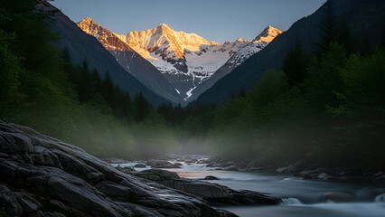 Snow-capped mountains glow at sunrise above a misty forest valley and a smooth, flowing river over rocky terrain.